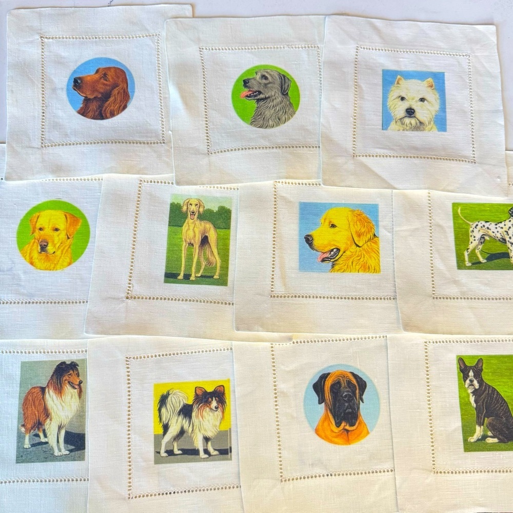 Vintage Linen Coasters Square Printed w Various Beautiful Dog Breeds Set of 11